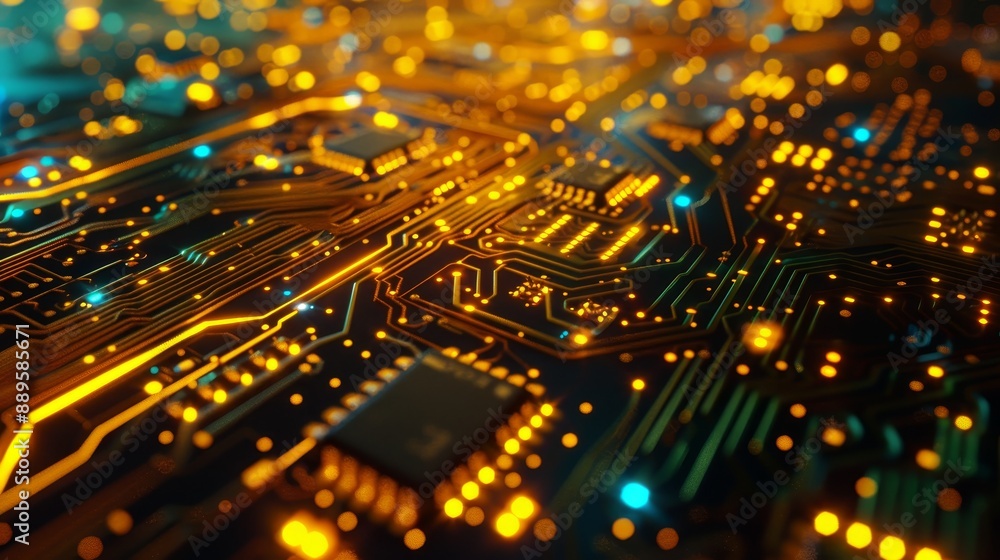 Poster close up of a circuit board with glowing lines and components