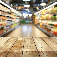 Wooden Tabletop Against Blurred Supermarket Interior