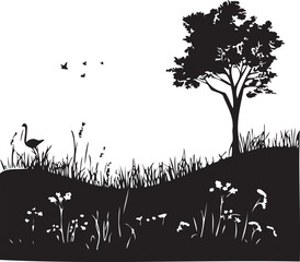 Forest landscape black silhouette on white background