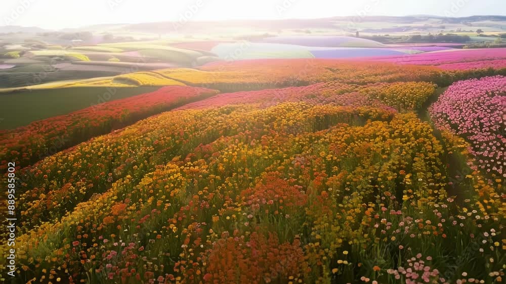 Poster flying over a magical landscape of wildflower fields each with its own unique mix of colors and text