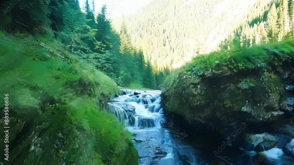 Poster tracing the source of a tranquil mountain stream watching as it gurgles out of a hidden crevice in t