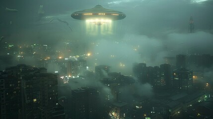 A UFO hovering above a dense urban area in the mist, its lights piercing through the fog and creating an eerie and mysterious atmosphere.
