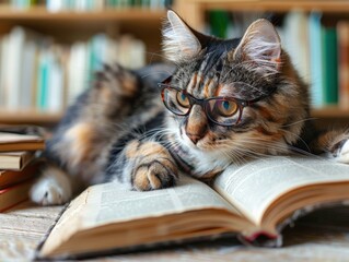 Cat with glasses reading a book in library