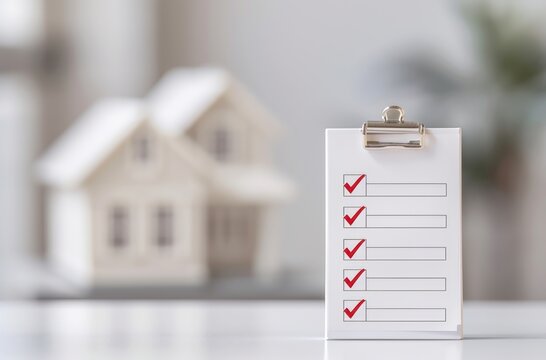 Home inspection checklist with red check marks on clipboard, miniature house model in the background. Real estate and home buying concept.
