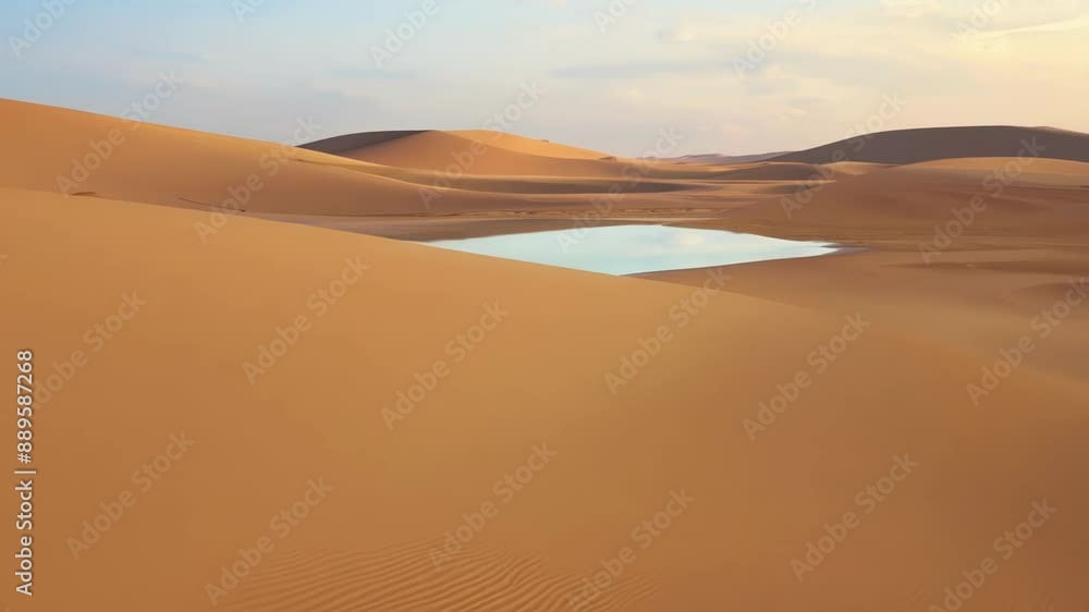Poster a peaceful and serene lake emerges in the middle of the desert a mirage created by the intense heat.