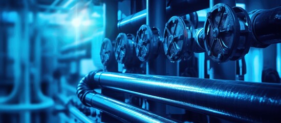 Industrial Pipes and Valves in a Blue-Toned Setting