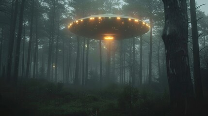 A UFO hovering above a remote forest at twilight, its lights piercing through the trees and creating an eerie and mysterious atmosphere.