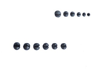 Fishing Sinkers Different Size in Row Isolated on White Background. Banner, Background, Texture, Minimal