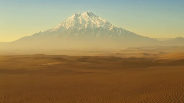 The horizon shifts and distorts revealing a mirage of a majestic mountain range rising from the flat desert landscape.