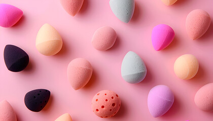 Obraz premium Many different makeup sponges on pink background, top view. Space for text