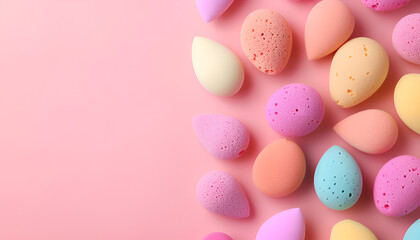Fototapeta premium Many different makeup sponges on pink background, top view. Space for text