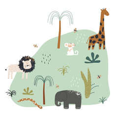 Cute scene with wild animals. Best for wall art, mural and print. Vector hand drawn illustration.