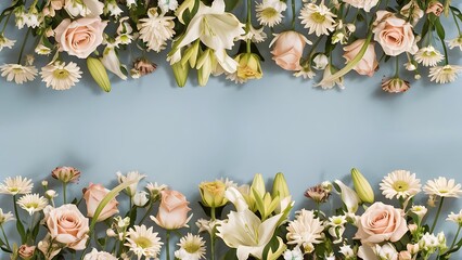 Top view of organic fresh flowers arranged in beautiful compositions on light blue background