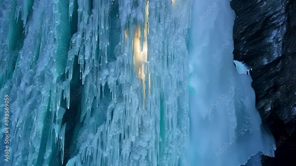Poster The frozen waterfall seems to glow from within as if lit by a hidden source its transparent layers giving it an otherworldly appearance.