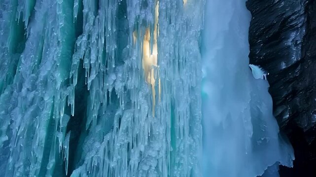 The frozen waterfall seems to glow from within as if lit by a hidden source its transparent layers giving it an otherworldly appearance.