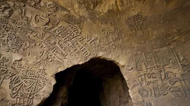 The rocks surrounding the entrance are covered in ancient hieroglyphics adding to the mysterious aura of the cave.