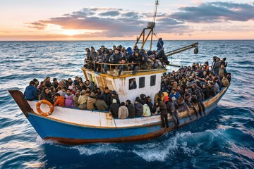 Overcrowded boat of migrants at sea during sunset