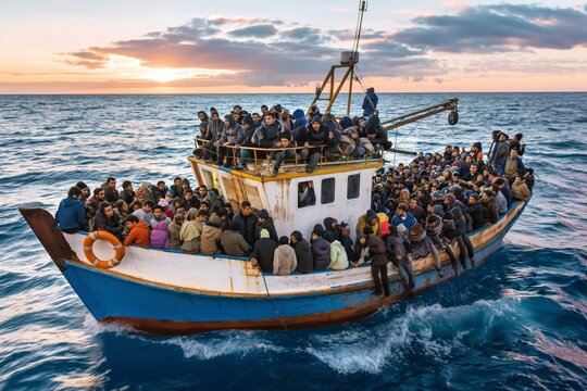 Overcrowded boat of migrants at sea during sunset