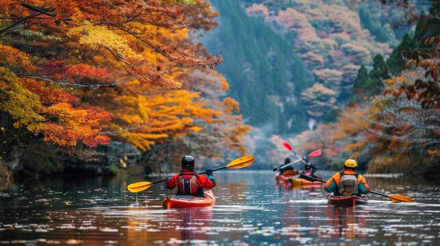 Adventurers kayaking on a calm river, surrounded by vibrant autumn foliage in Japan