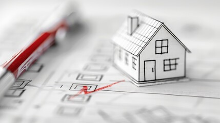 Miniature house model on property blueprint with red pen. Concept of real estate, planning, and development.