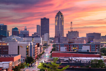 Des Moines, Iowa, USA. Cityscape image of Des Moines skyline, Iowa, USA at summer sunset.