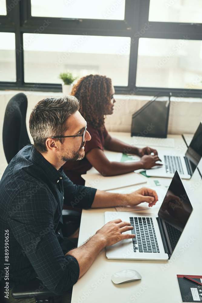 Poster business people, designer and typing on laptop in office for web design for company, agency and coll