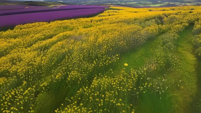 A soaring journey over vast expanses of lush green meadows punctuated by pops of golden yellow dandelions and patches of velvety purple lupines.
