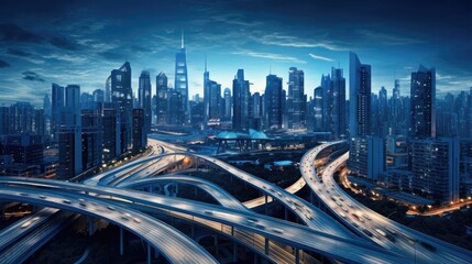 Fototapeta premium Urban Skyline with Intertwined Highways at Night.