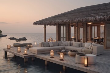 Fototapeta premium Overwater bungalows with luxurious amenities and stunning sunset views
