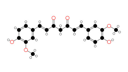 curcumin molecule, structural chemical formula, ball-and-stick model, isolated image e100