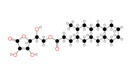ascorbyl stearate molecule, structural chemical formula, ball-and-stick model, isolated image e305