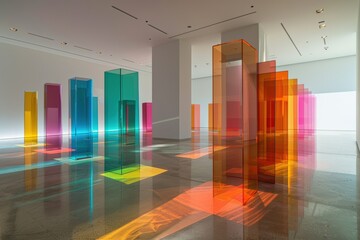 Modern art installation featuring colorful translucent acrylic columns in a minimalist gallery with natural light and reflective flooring.