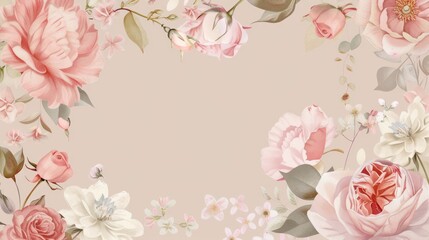 Floral Border with Pink Roses and White Blossoms