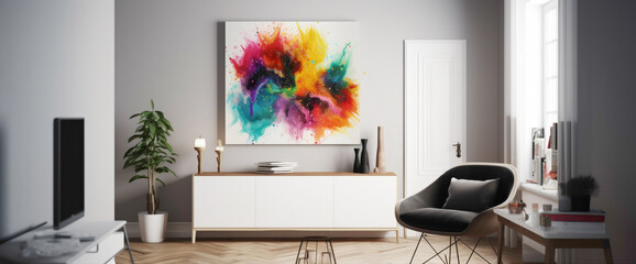 Step into a room featuring a vibrant illustration within a blank white frame, accented by a fusion of vivid color splashes.