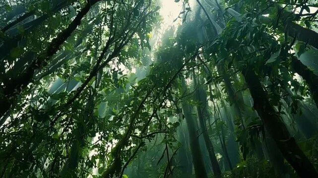 Vines and lianas intertwining and dangling from the canopy creating a weblike effect.