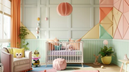 A bright and airy nursery with pastel-colored walls, a modern crib, and whimsical decor, creating a cozy and playful environment for a baby.