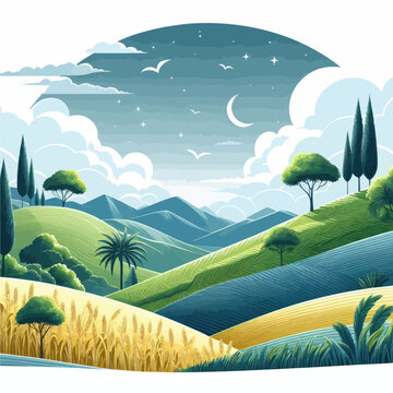  vector of landscape with rolling hill and trees  mountains and clouds