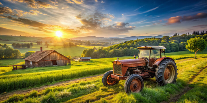 Rustic farm scenery featuring a weathered tractor surrounded by lush green fields and distant trees under a clear blue sky with warm sunlight filtering through.