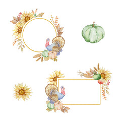 Fototapeta premium Watercolor autumn gold frames set with pumpkin, sunflowers, turkey, fall leaves