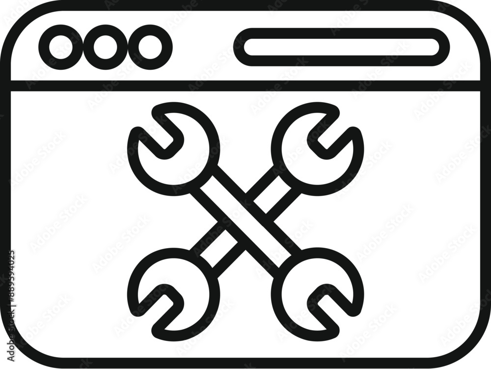 Poster simple line icon of a website with crossed wrenches, representing website maintenance or technical d