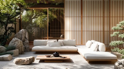 calm atmosphere with Zen garden elements, such as stones and Japanese plants. generative ai