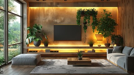 Modern Living Room with Plants and Warm Lighting