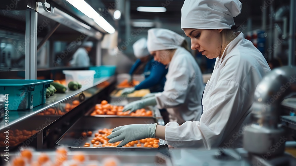 Poster factory worker inspecting components on an assembly line