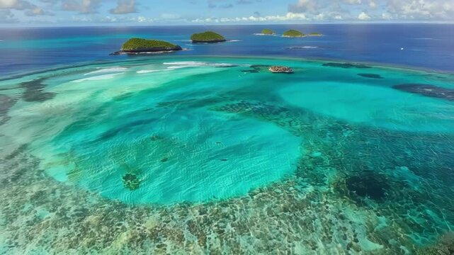 A stunning view of circular atolls in the heart of a thriving coral reef ecosystem.