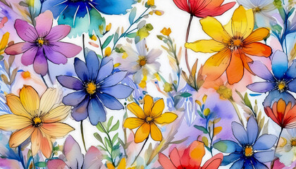 Watercolor floral texture, wildflowers in the field, wildflowers background