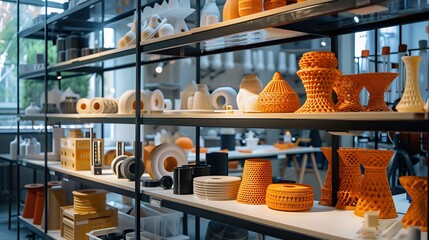 Orange and White 3D Printed Objects on Shelves
