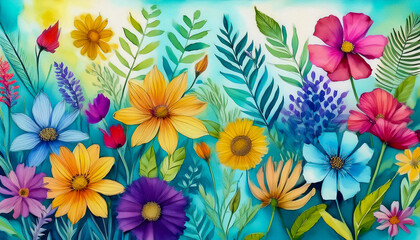 Watercolor floral texture, wildflowers in the field, wildflowers background