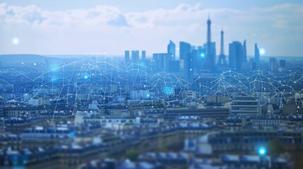 Fototapeta premium Cityscape with Abstract Network Overlay