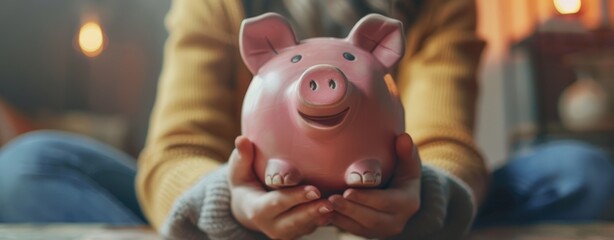 Obraz premium Close-up of Hands Holding Pink Piggy Bank