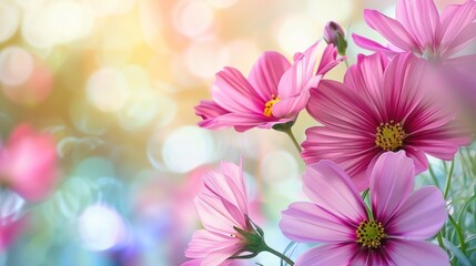 Fototapeta premium Delicate Pink Cosmos Flowers with Blurred Bokeh Background